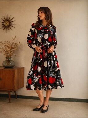 Vintage 70s Mod Geometric Art Deco Midi Dress Red Black Retro Secretary S/M